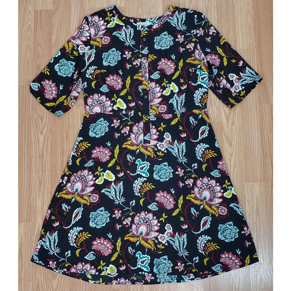 Loft size 10 short sleeve floral print button fit flare dress black stretch boho